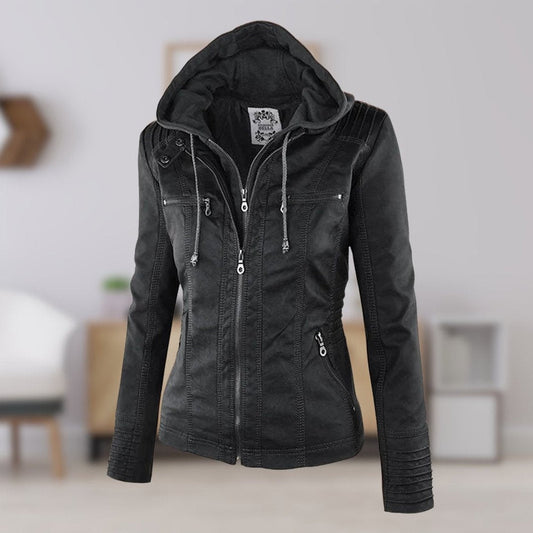 Alena Women's Faux Leather Jacket | Fitted Hooded Coat with Zipper Pockets 1