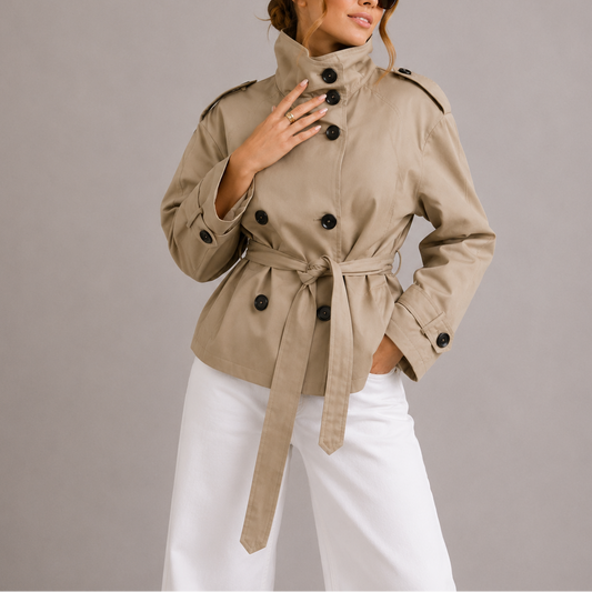 Brielle Women's Cropped Trench Coat | Double-Breasted, Belted Design 1