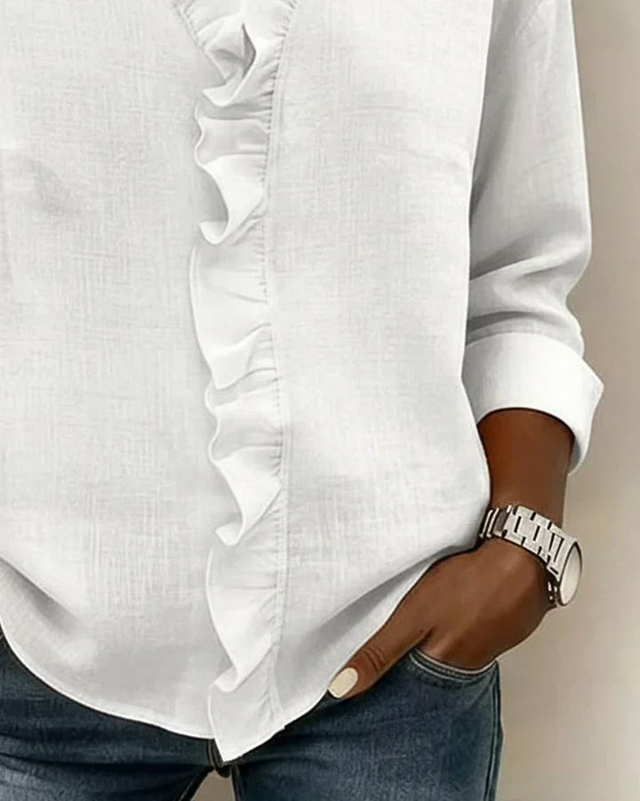 Chara Women’s Blouse with Ruffled V-Neckline and Elegant Long Sleeves 8