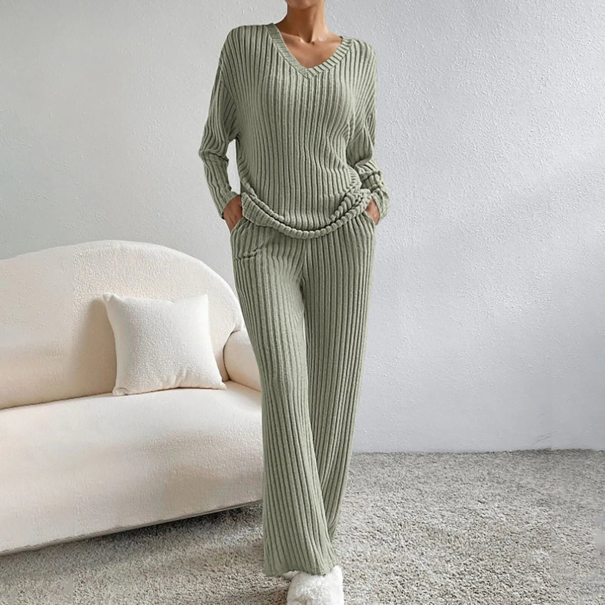 Cozy Women’s Loungewear Set with V-Neck Sweater and Relaxed Fit Trousers 12