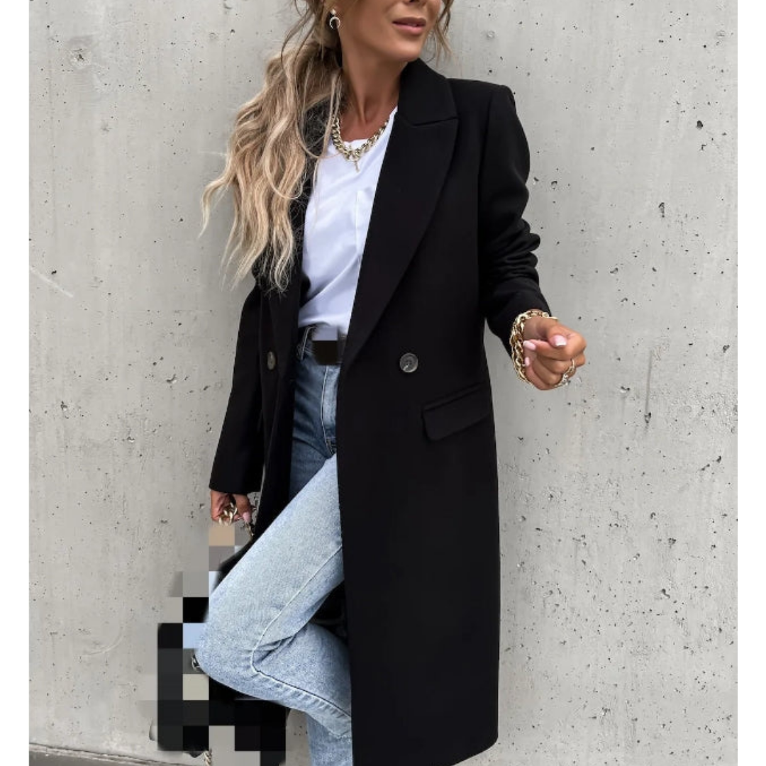 Elena Women's Long Coat | Wool Blend, Double-Breasted Tailored Fit 6