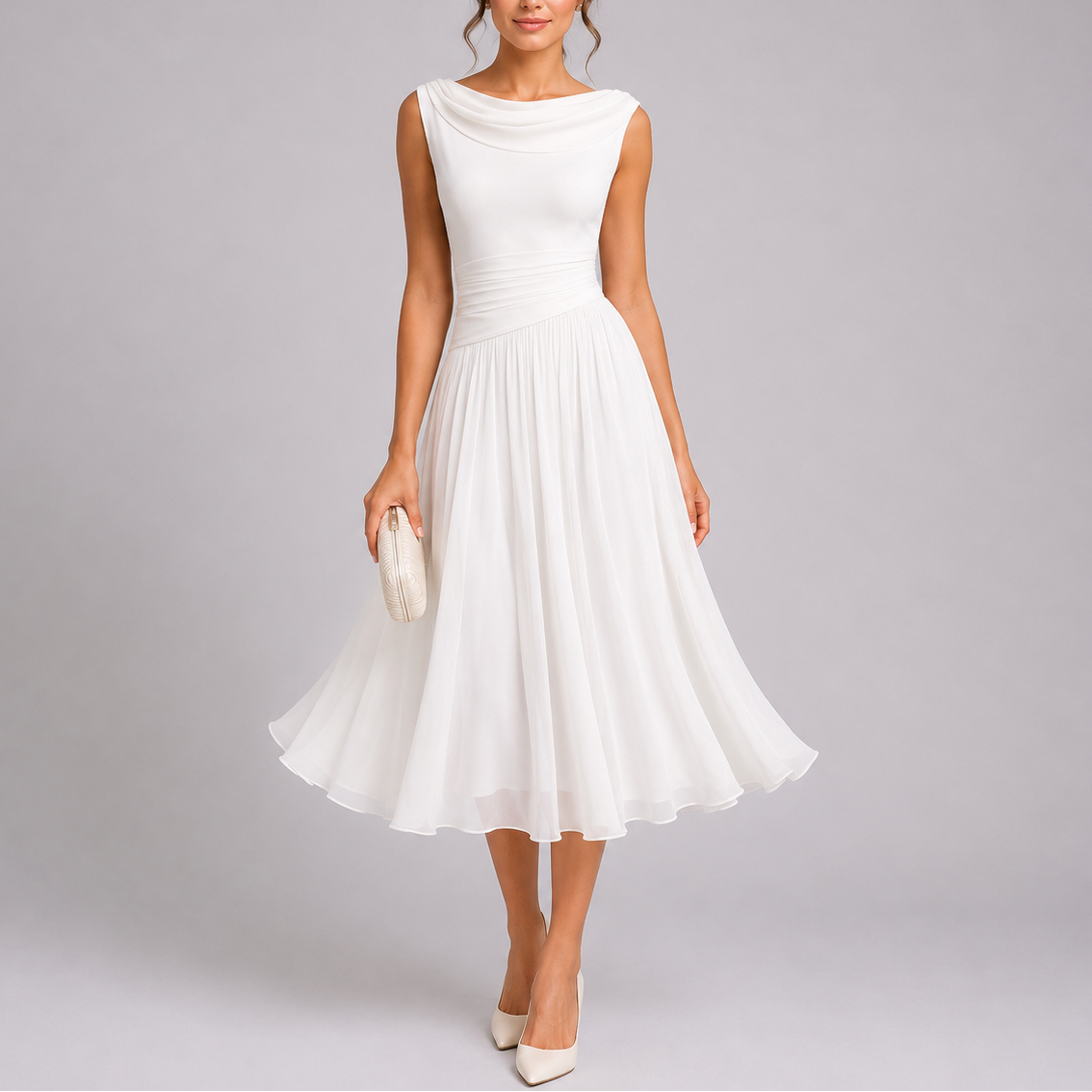 Elysia Women’s Midi Dress with Pleated Skirt and Draped Neckline 5