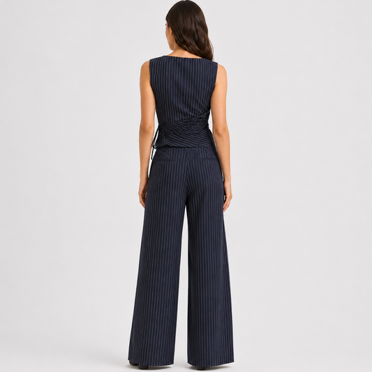 Pinnacle Women's Co Ord Set with Sleeveless Wrap Top and Wide Leg Trousers in Pinstripe 1