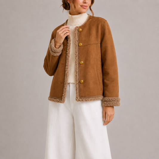Sela Women's Jacket | Faux Suede with Shearling Trim, Brown 1