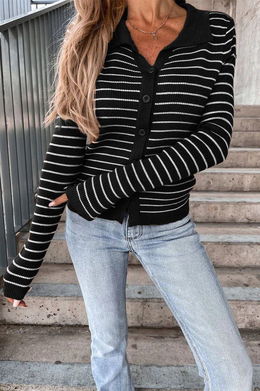 Sela Women's Long Cardigan | Ribbed Knit Striped Polo Collar 1