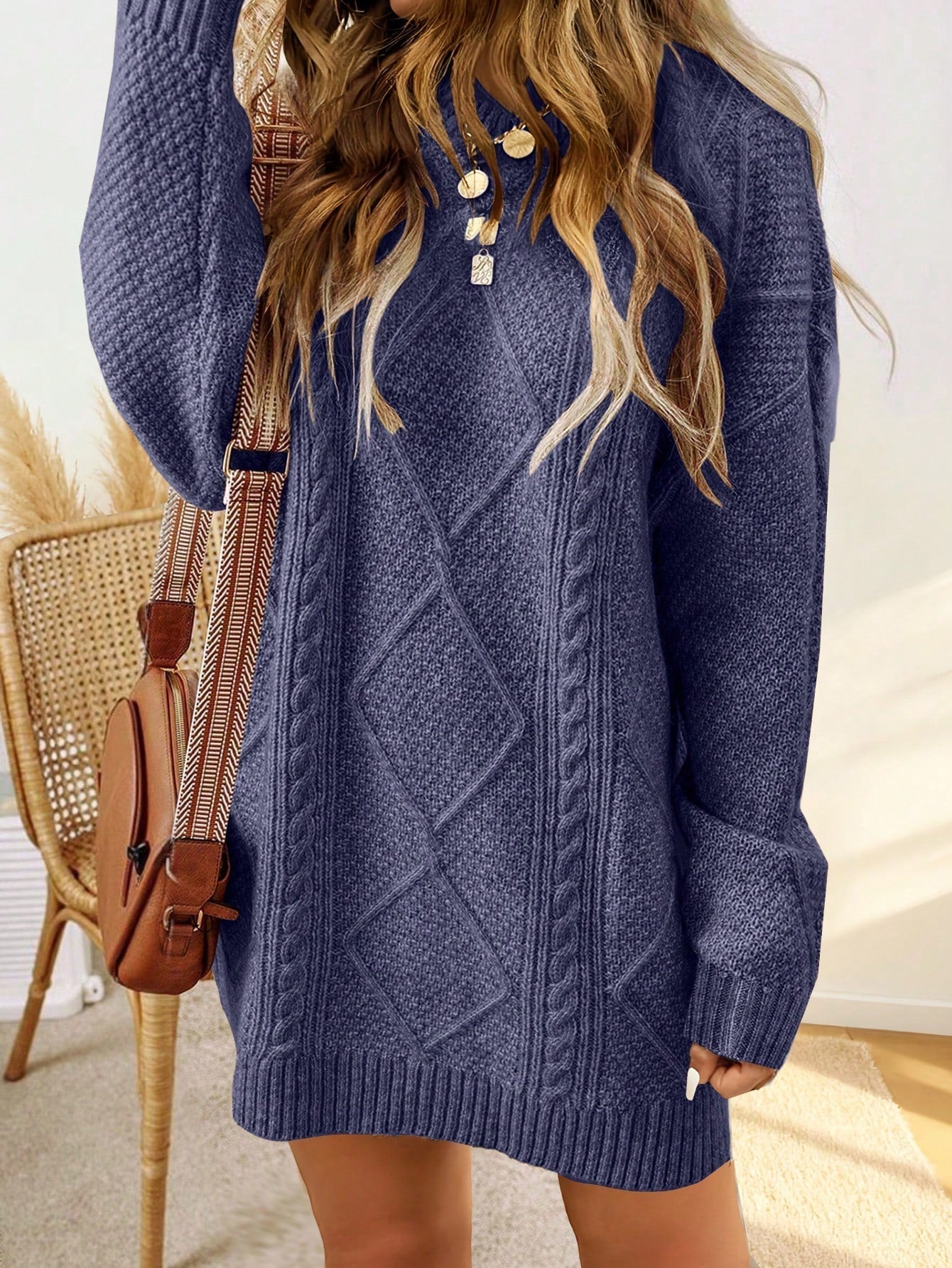 Serena Women’s Sweater Dress with Cable Knit Pattern and Ribbed Cuffs 6