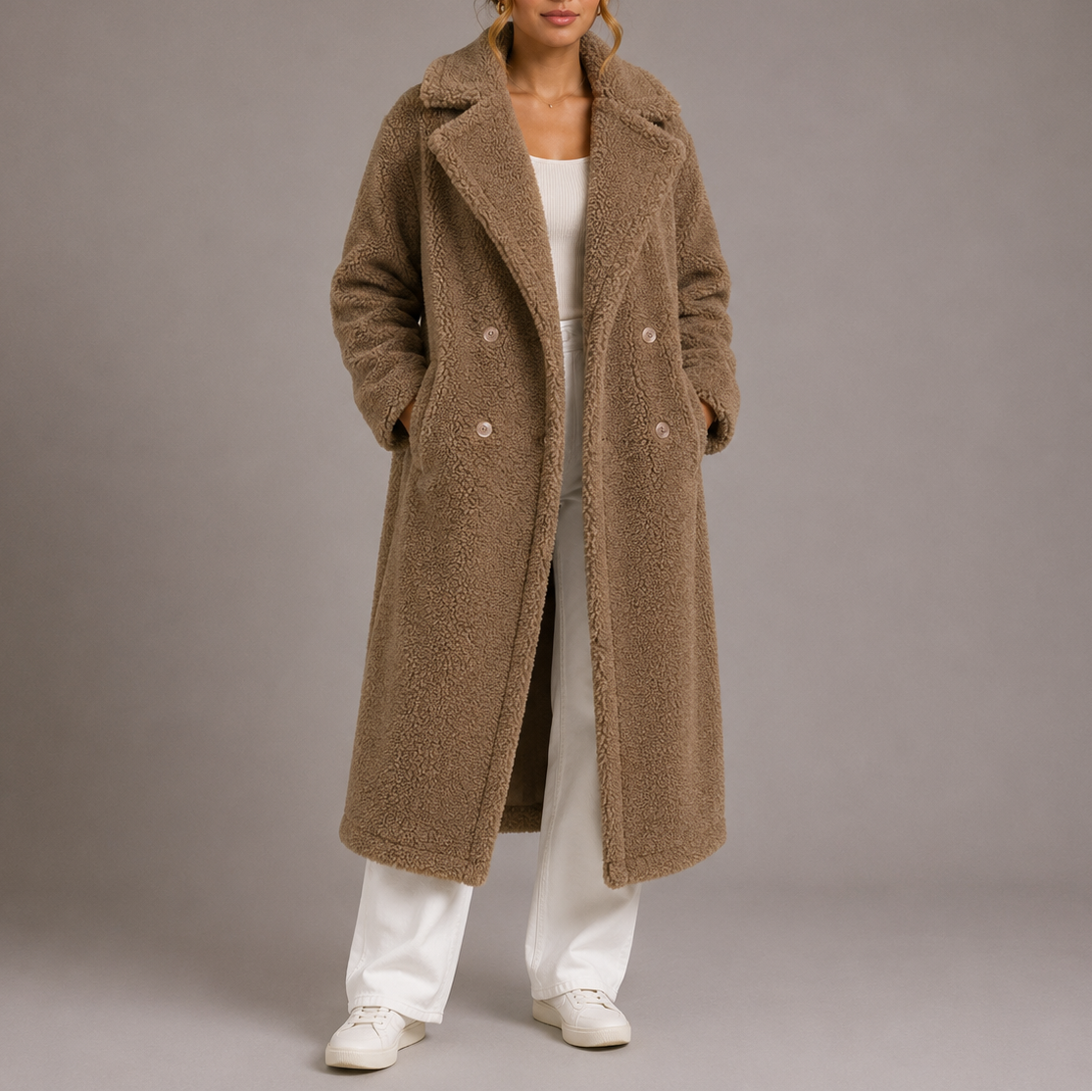 Talia Women's Teddy Coat | Long Double-Breasted Faux Fur Winter Coat 5