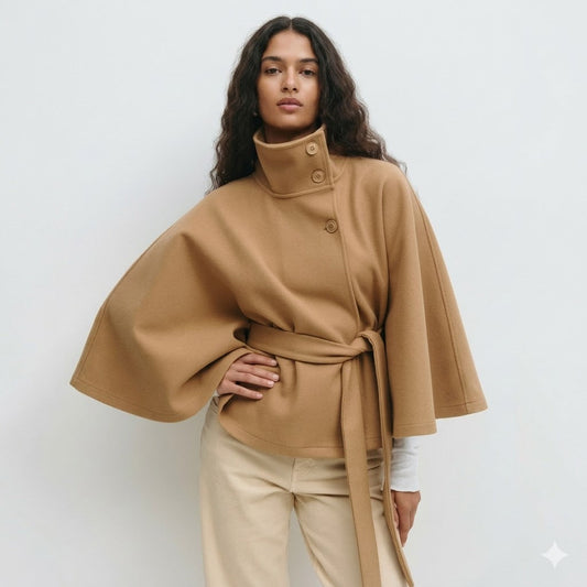 Valentina Women's Cape Coat | Belted Waist, High Neck 1