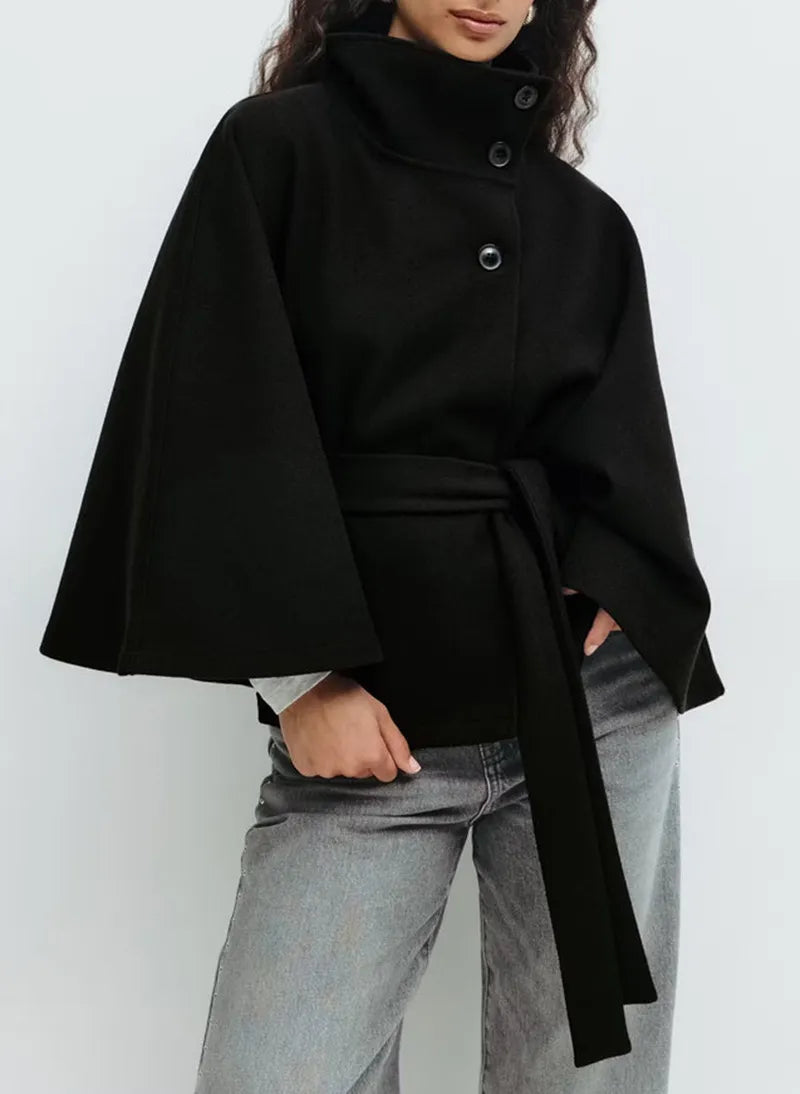 Valentina Women's Cape Coat | Belted Waist, High Neck 7