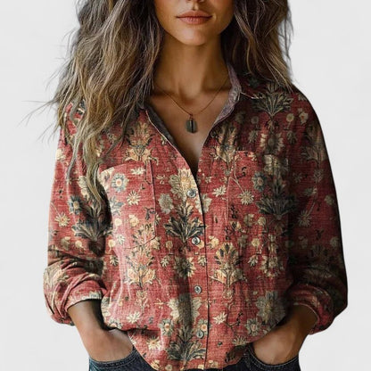 Autumn Women’s Shirt with Vintage Floral Print and Long Sleeves 0