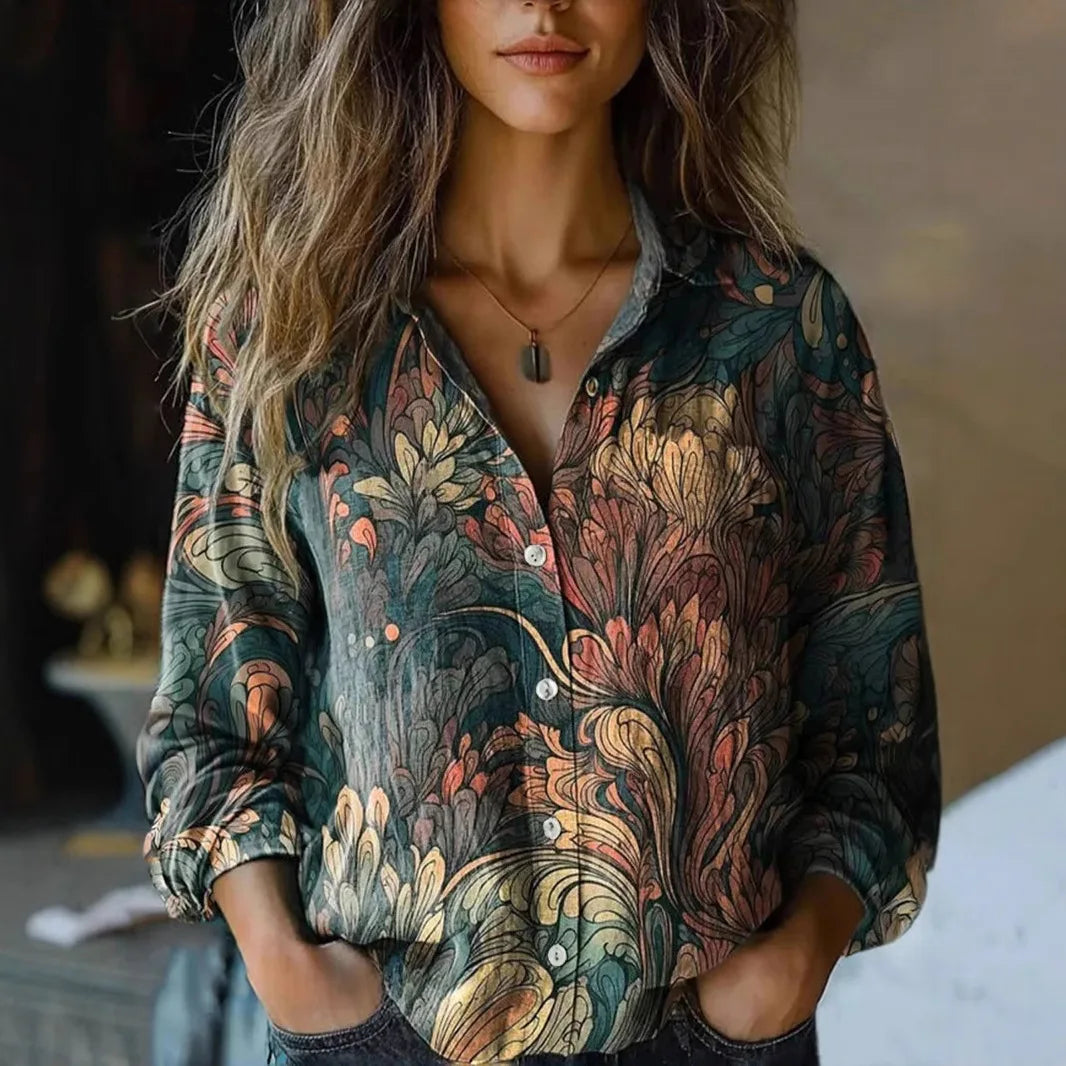 Autumn Women’s Shirt with Vintage Floral Print and Long Sleeves 3