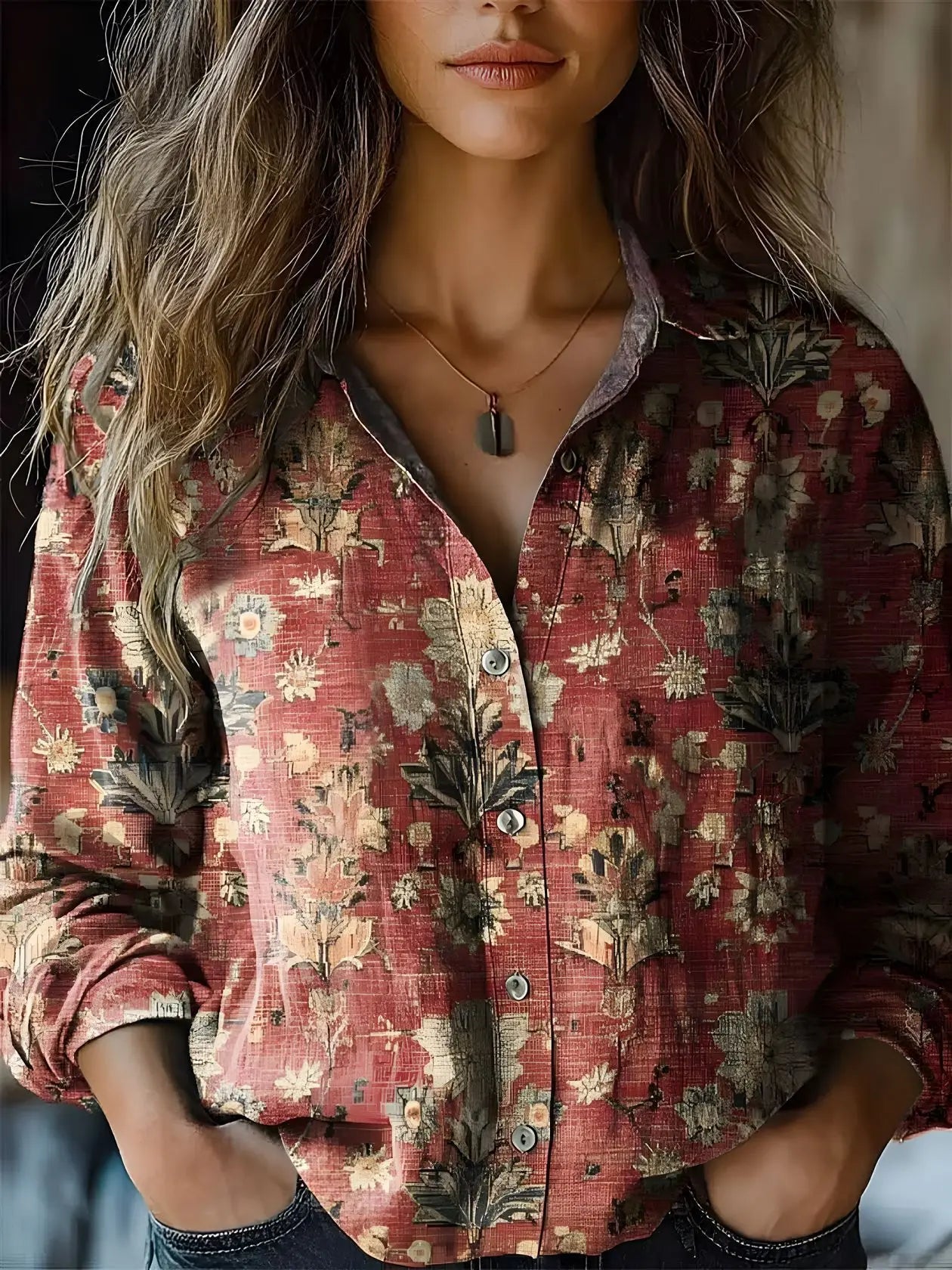 Autumn Women’s Shirt with Vintage Floral Print and Long Sleeves 6