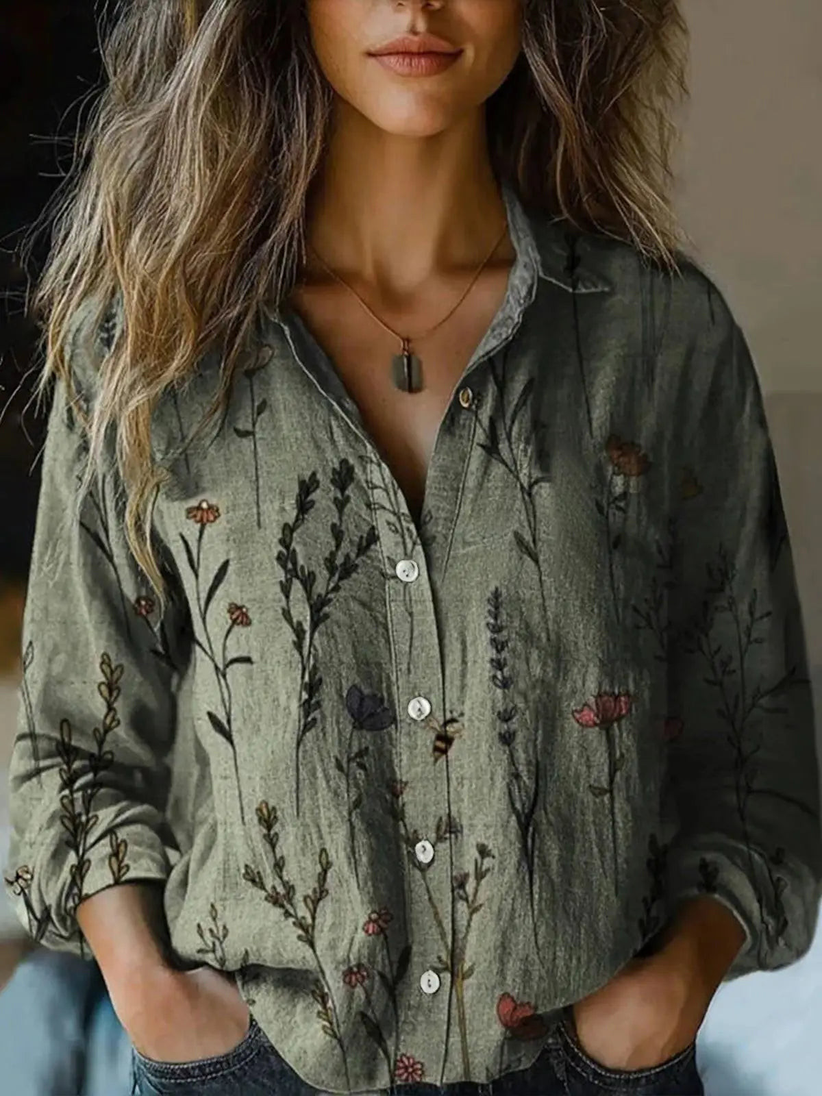 Autumn Women’s Shirt with Vintage Floral Print and Long Sleeves 7