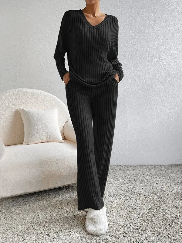 Ava Women’s Pullover Sweater Set with V-Neck and High-Waist Wide-Leg Pants 1