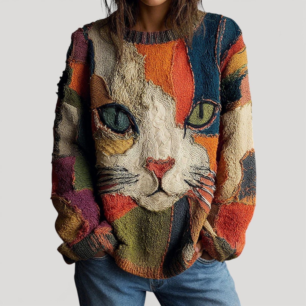 Ava Women's Pullover Sweater | Colorful Cat Motif, Relaxed Fit 0