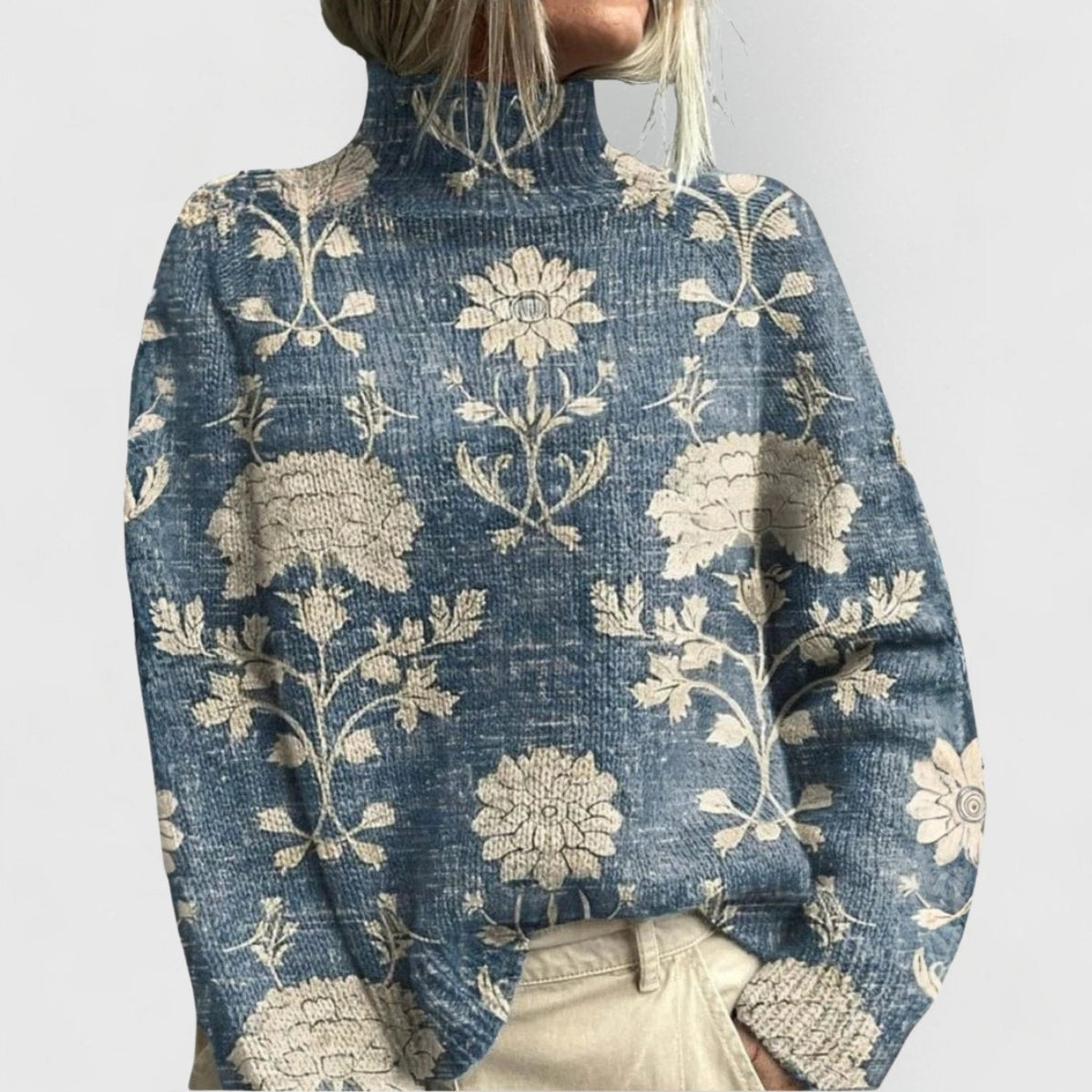 Ava Women’s Sweater with Floral Pattern and Turtleneck Design 1