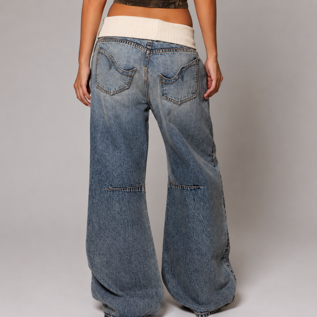 Breeze Women’s Baggy Jeans with Ribbed Waistband and Wide-Leg Cut 1