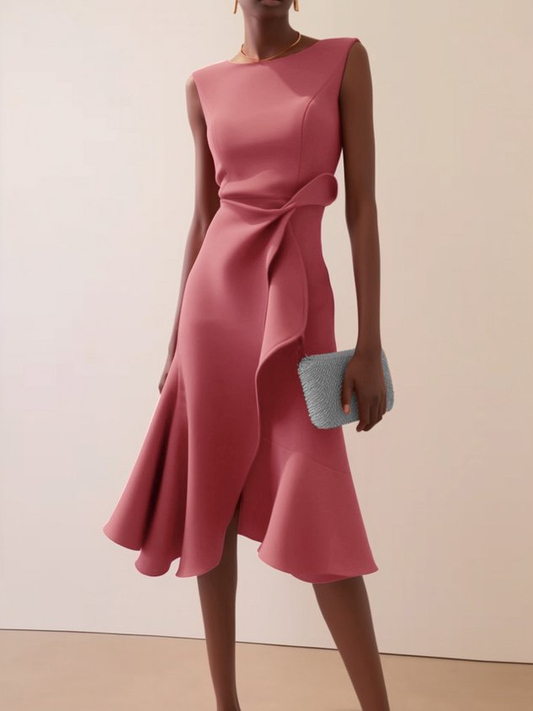 Breezy Women’s Midi Dress with Asymmetrical Draped Design and Flared Skirt 1