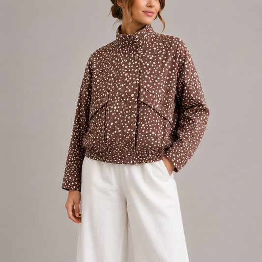 Brenna Women's Cropped Bomber Jacket | Brown Polka Dot, High-Neck 0