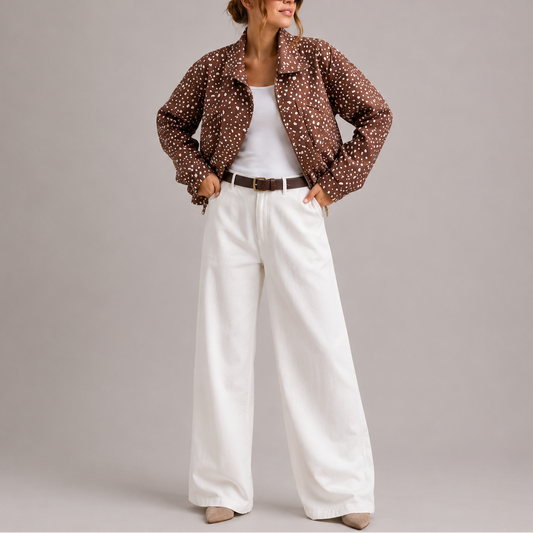 Brenna Women's Cropped Bomber Jacket | Brown Polka Dot, High-Neck 1