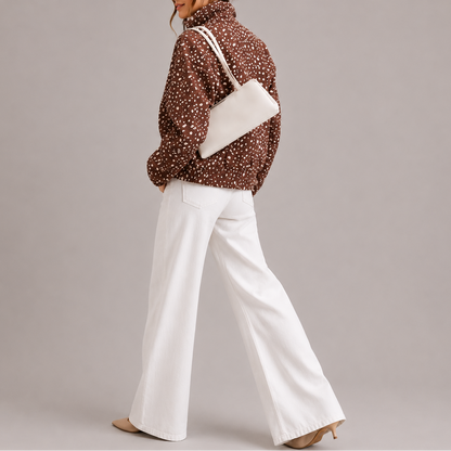Brenna Women's Cropped Bomber Jacket | Brown Polka Dot, High-Neck 2