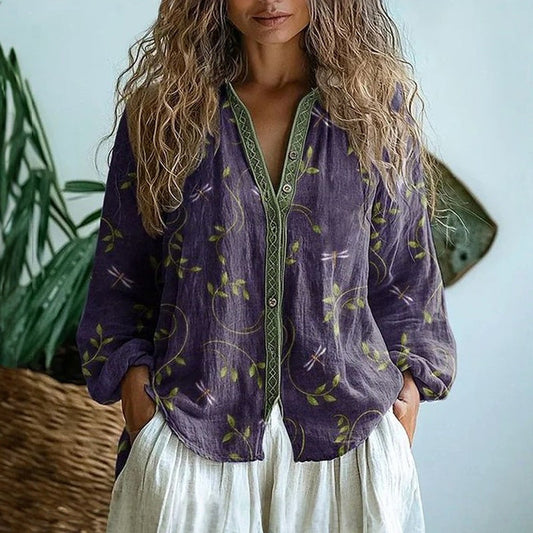 Brianna Women's Shirt with Vintage Leaf Print and Button-Down Front Design 0