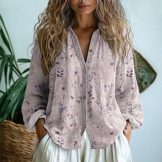 Brianna Women's Shirt with Vintage Leaf Print and Button-Down Front Design 1