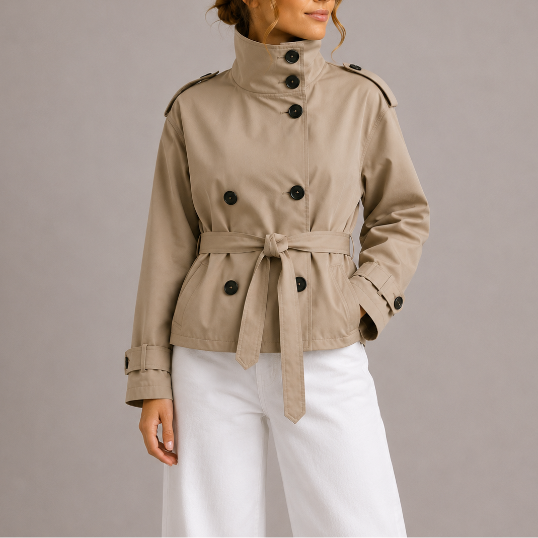 Brielle Women's Cropped Trench Coat | Double-Breasted, Belted Design 0