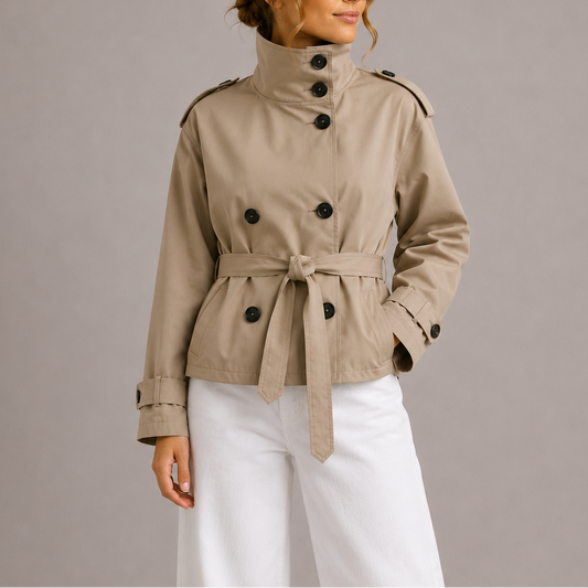 Brielle Women's Cropped Trench Coat | Double-Breasted, Belted Design 0