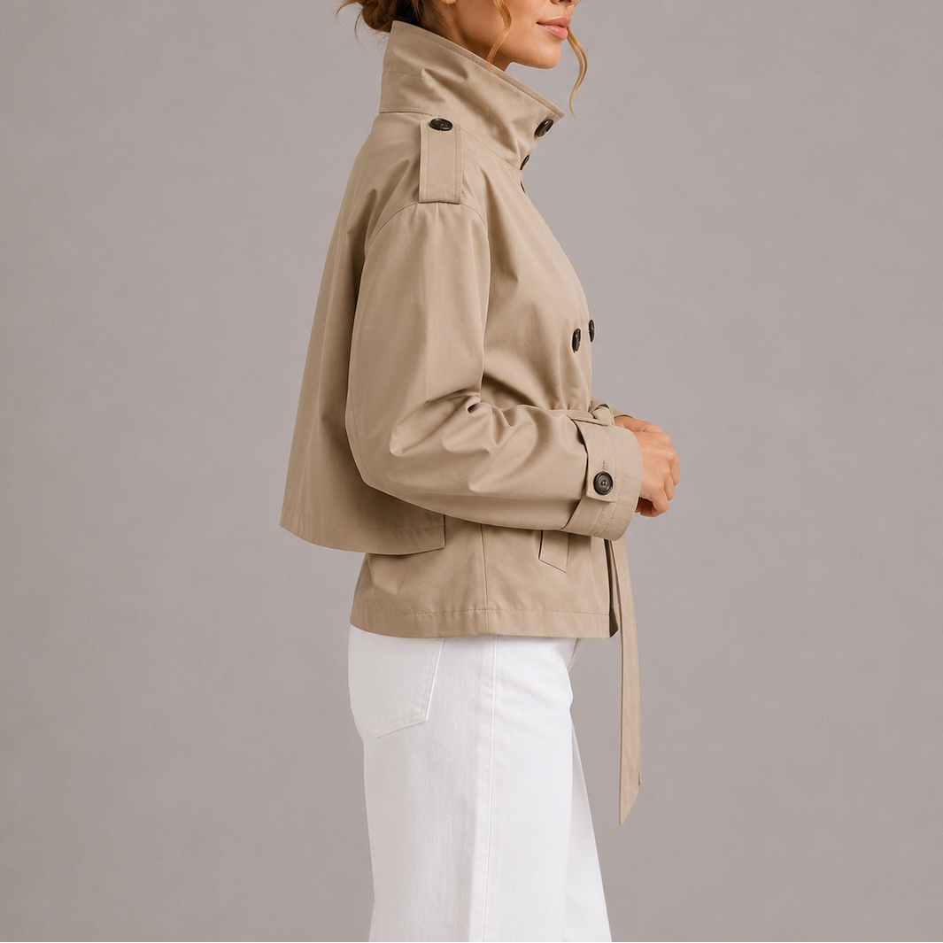 Brielle Women's Cropped Trench Coat | Double-Breasted, Belted Design 2
