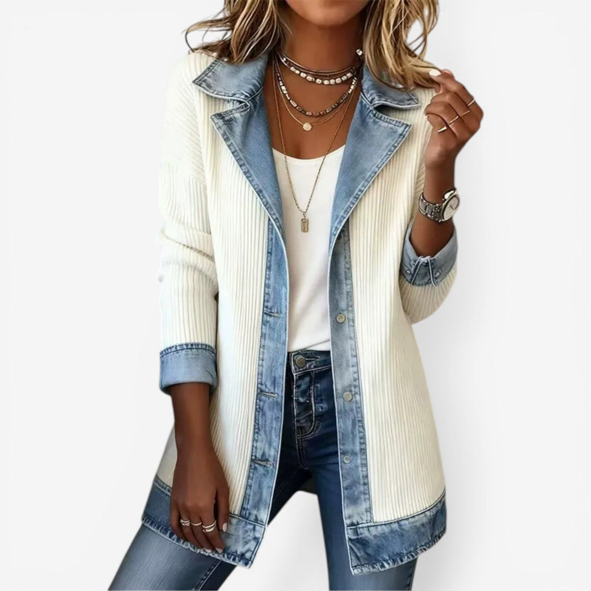 Brielle Women's Jacket | Soft Knit and Denim Blend, Layered Collar 0