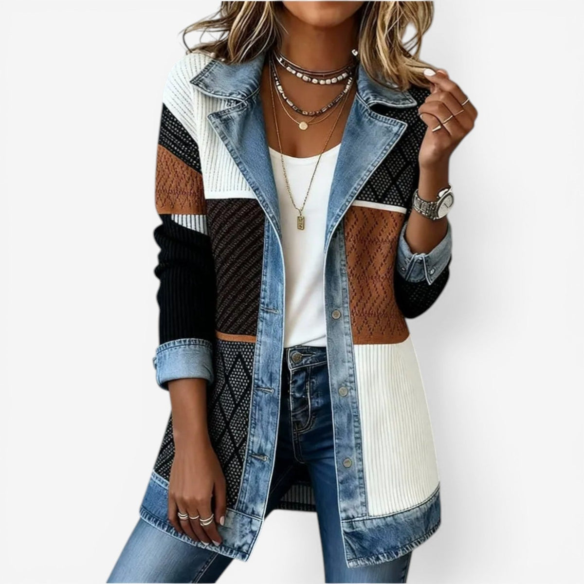 Brielle Women's Jacket | Soft Knit and Denim Blend, Layered Collar 2