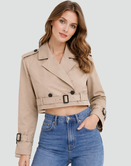 Celia Women's Cropped Trench Jacket | Tailored Double Button, Belted Waist 0