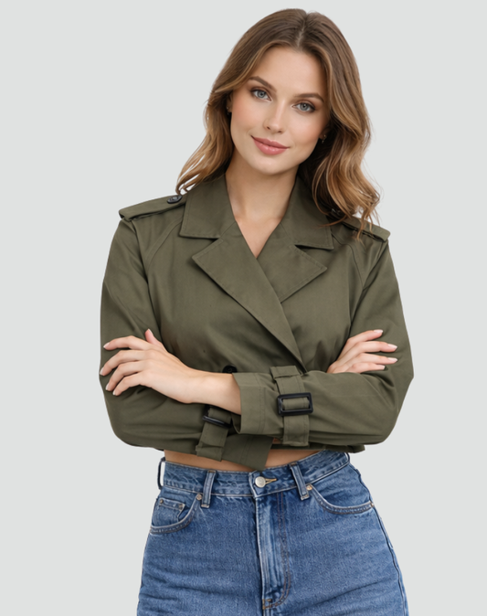 Celia Women's Cropped Trench Jacket | Tailored Double Button, Belted Waist 1
