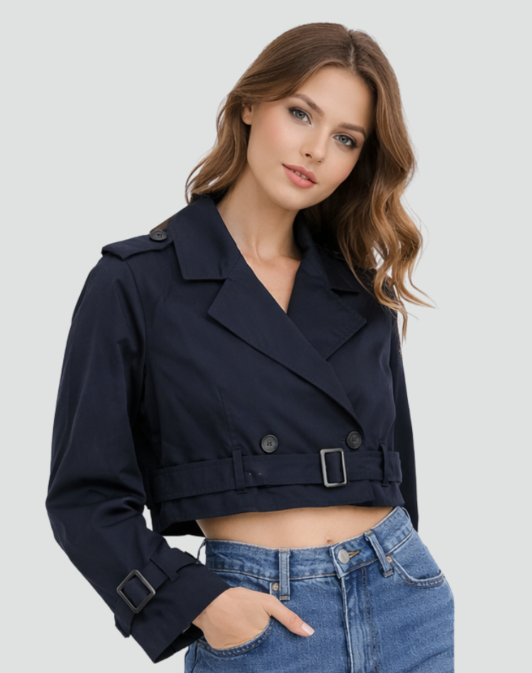 Celia Women's Cropped Trench Jacket | Tailored Double Button, Belted Waist 4