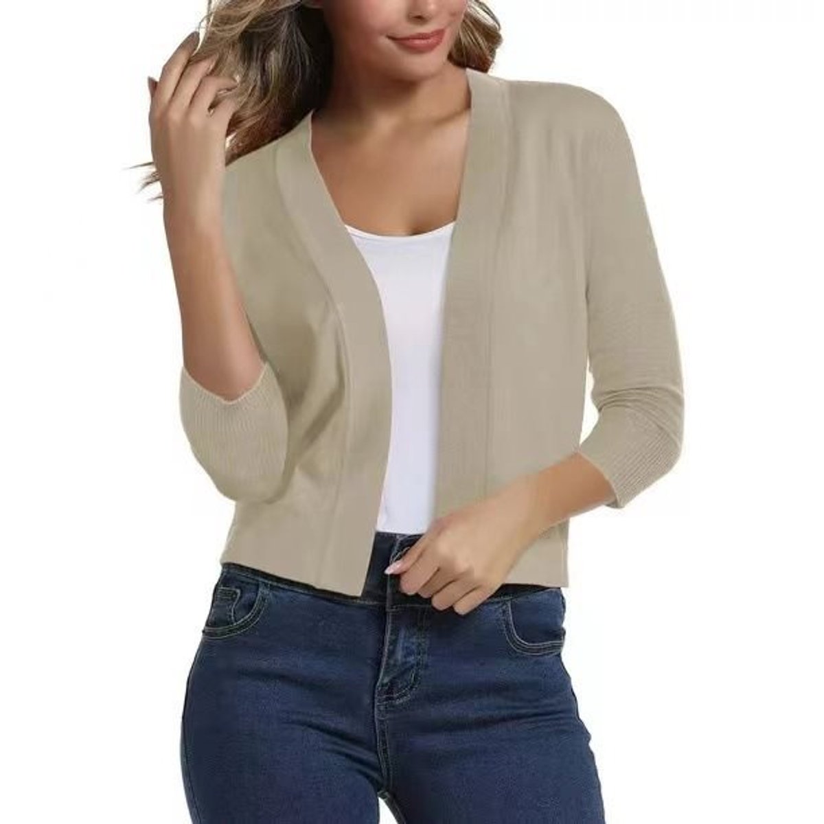 Celine Women's White Cardigan | Open Front, 3/4 Sleeves, Loose Fit 0