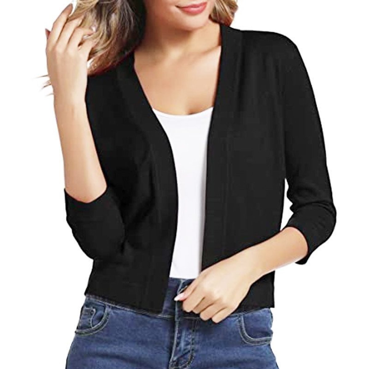 Celine Women's White Cardigan | Open Front, 3/4 Sleeves, Loose Fit 1