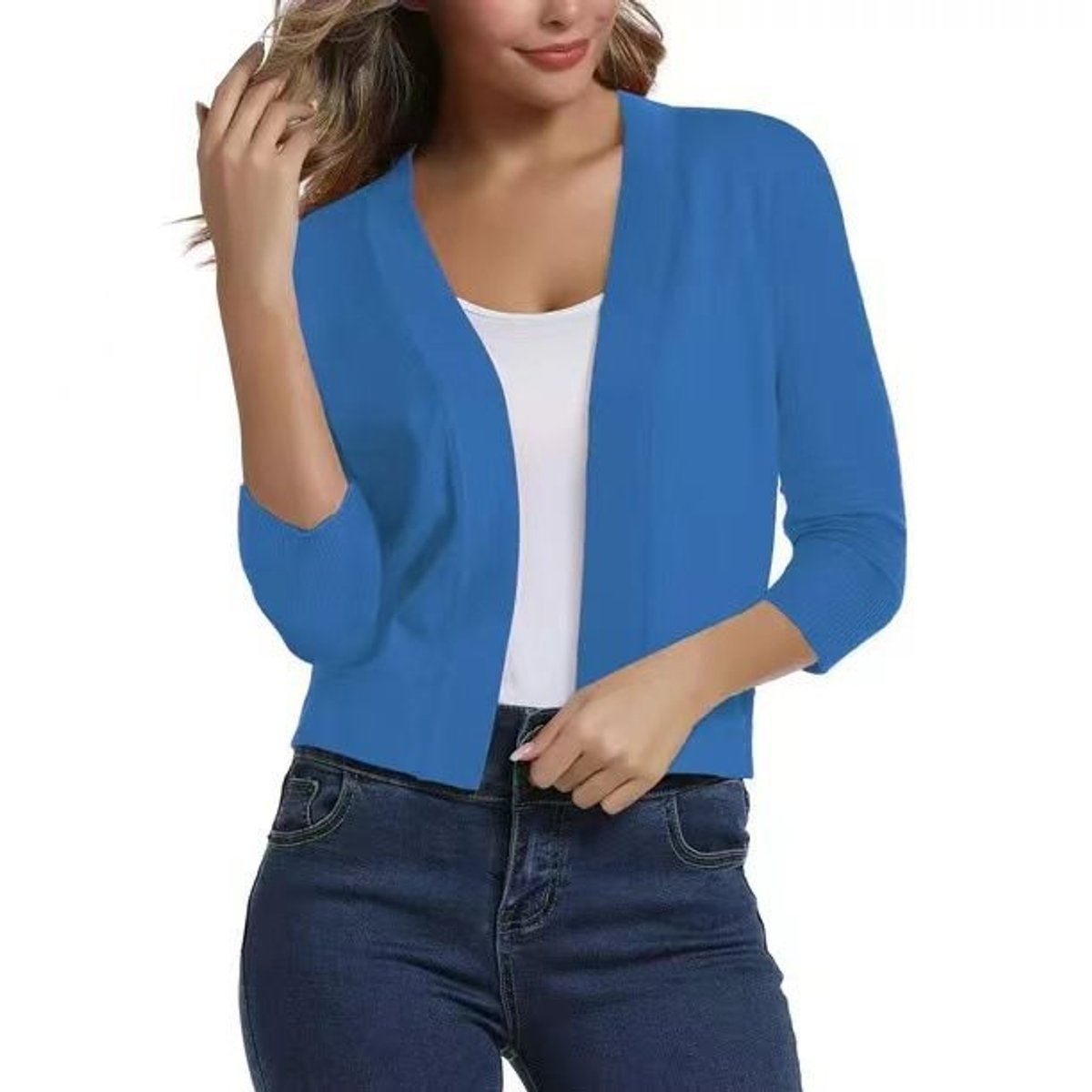 Celine Women's White Cardigan | Open Front, 3/4 Sleeves, Loose Fit 12