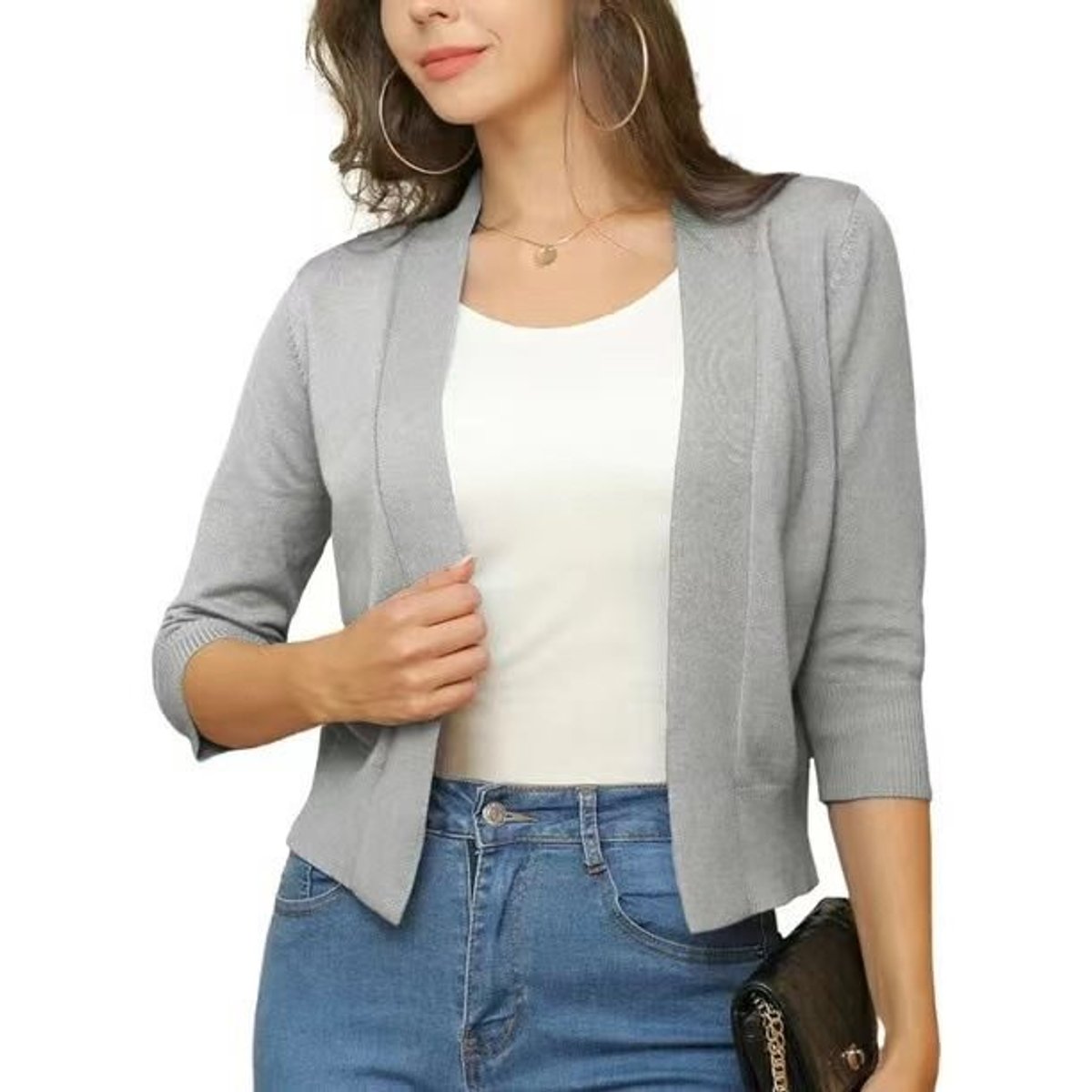 Celine Women's White Cardigan | Open Front, 3/4 Sleeves, Loose Fit 14