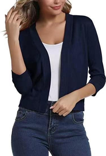 Celine Women's White Cardigan | Open Front, 3/4 Sleeves, Loose Fit 15