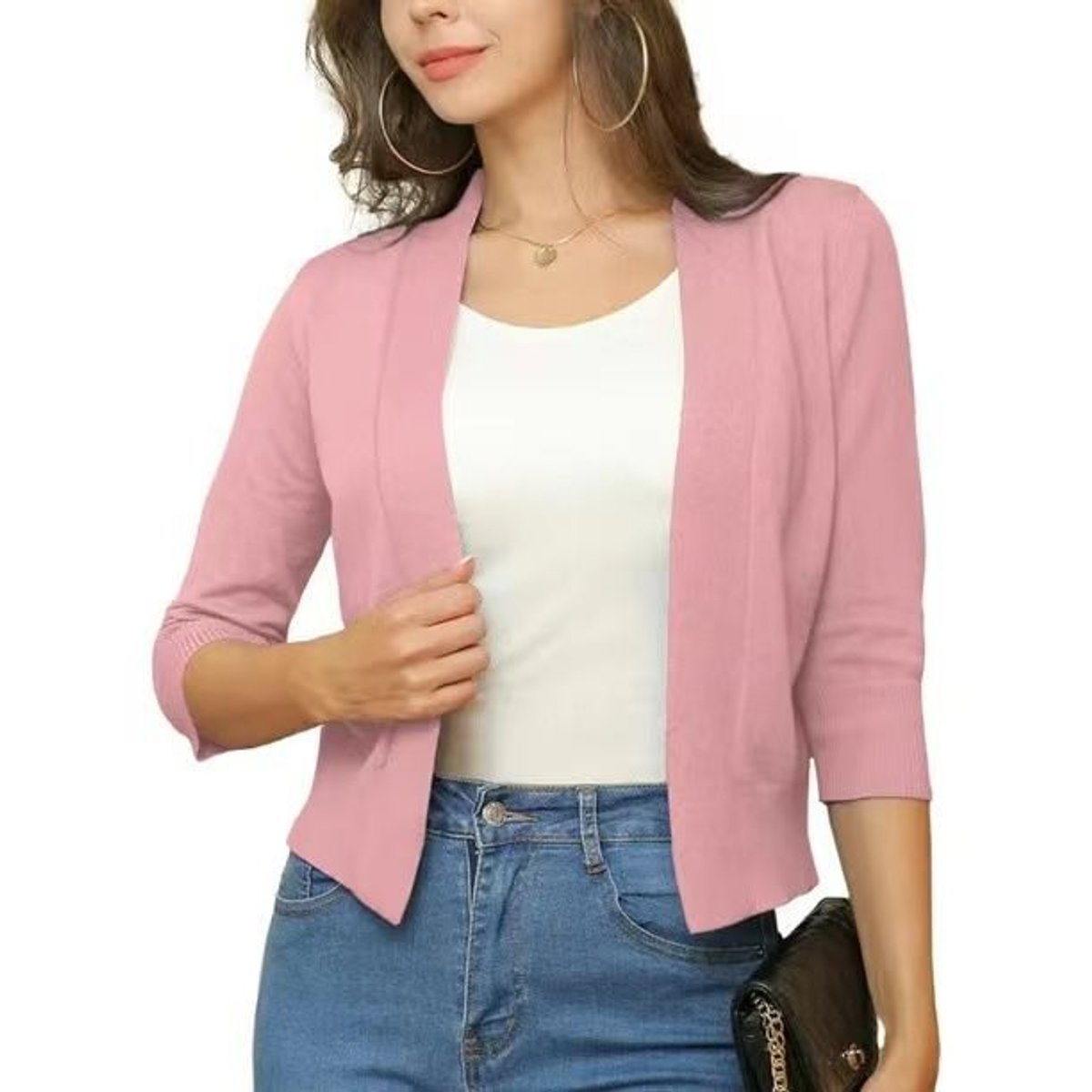 Celine Women's White Cardigan | Open Front, 3/4 Sleeves, Loose Fit 18