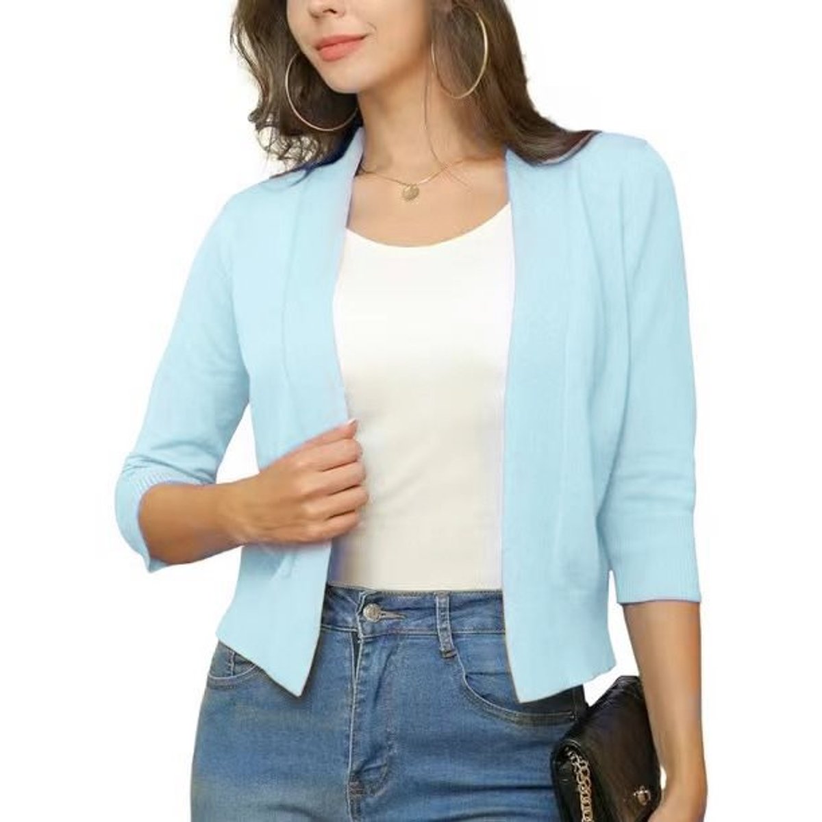 Celine Women's White Cardigan | Open Front, 3/4 Sleeves, Loose Fit 19