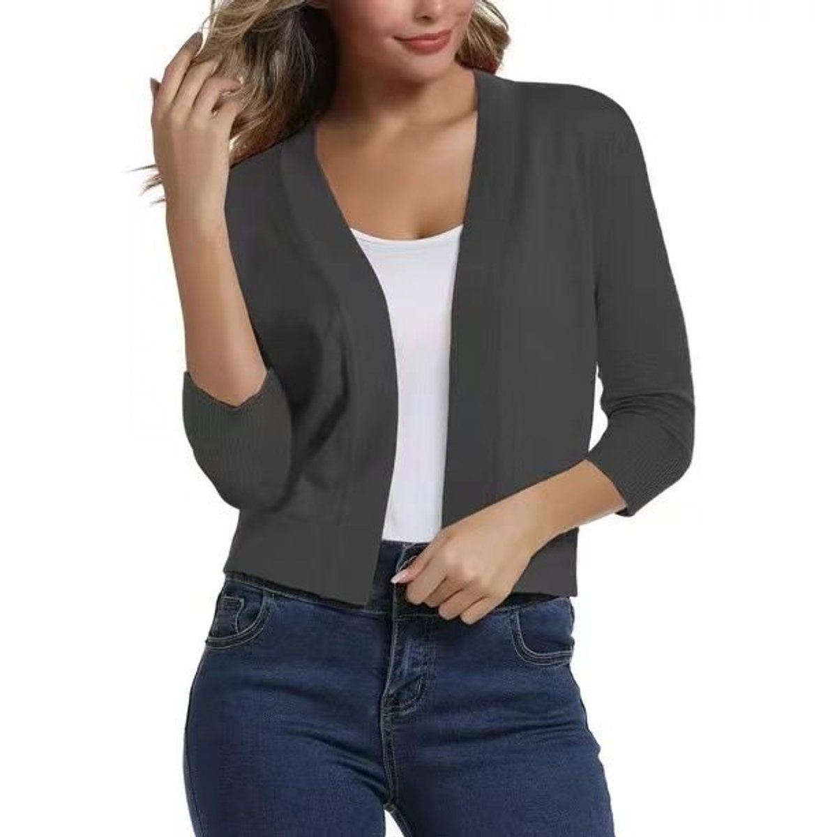 Celine Women's White Cardigan | Open Front, 3/4 Sleeves, Loose Fit 21