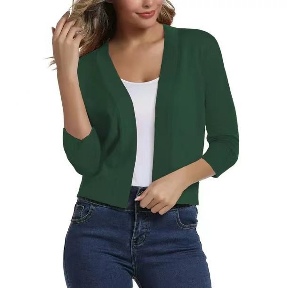 Celine Women's White Cardigan | Open Front, 3/4 Sleeves, Loose Fit 5