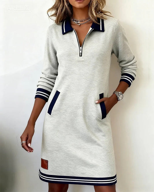 Chara Women’s Midi Dress with Zip Front, Collared Neckline, and Side Pockets 0