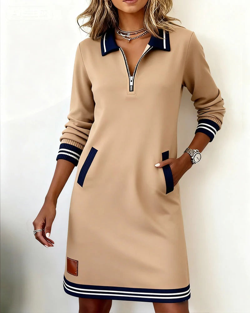 Chara Women’s Midi Dress with Zip Front, Collared Neckline, and Side Pockets 10