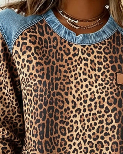 Cleo Women's Sweater | Leopard Print Denim Patchwork, Casual Long Sleeve Crew Neck 1