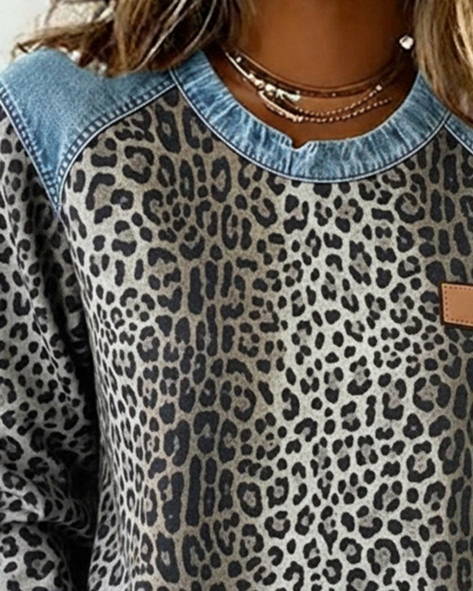 Cleo Women's Sweater | Leopard Print Denim Patchwork, Casual Long Sleeve Crew Neck 4