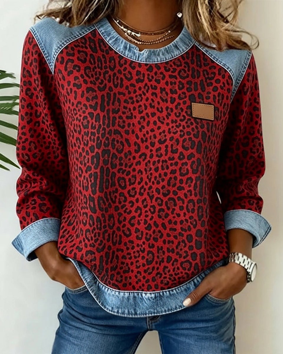 Cleo Women's Sweater | Leopard Print Denim Patchwork, Casual Long Sleeve Crew Neck 6