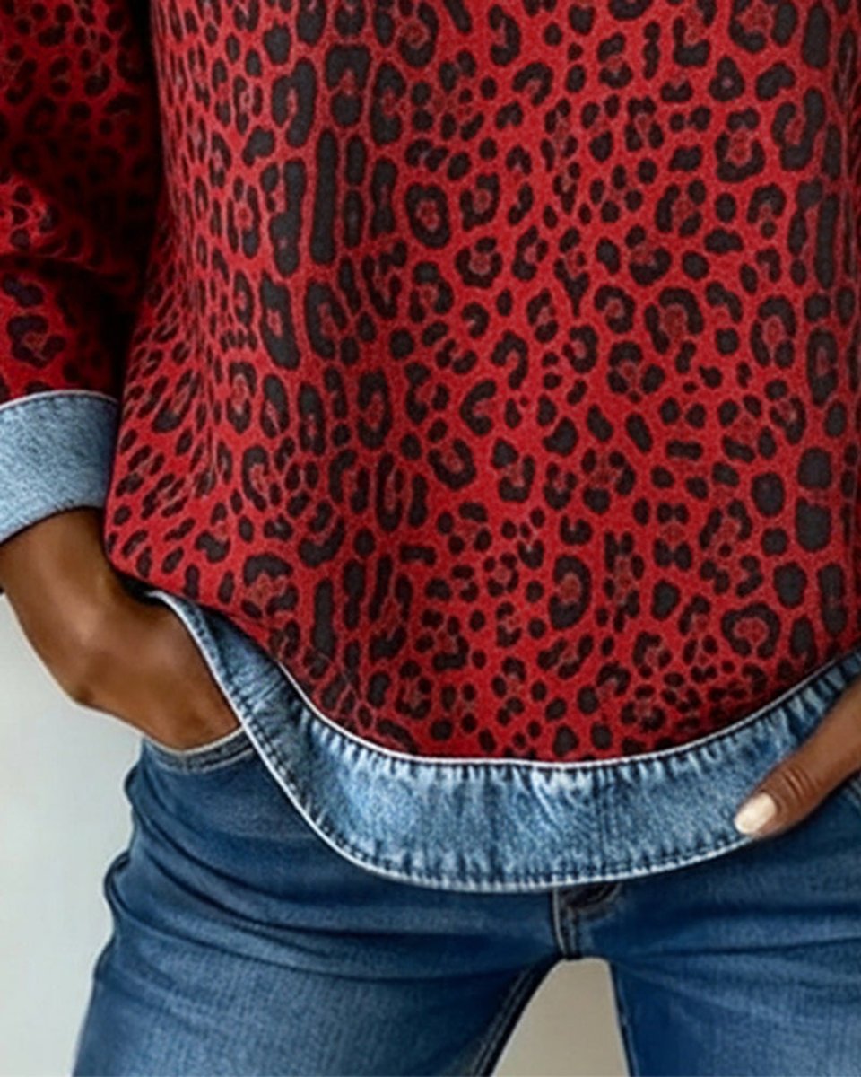 Cleo Women's Sweater | Leopard Print Denim Patchwork, Casual Long Sleeve Crew Neck 8